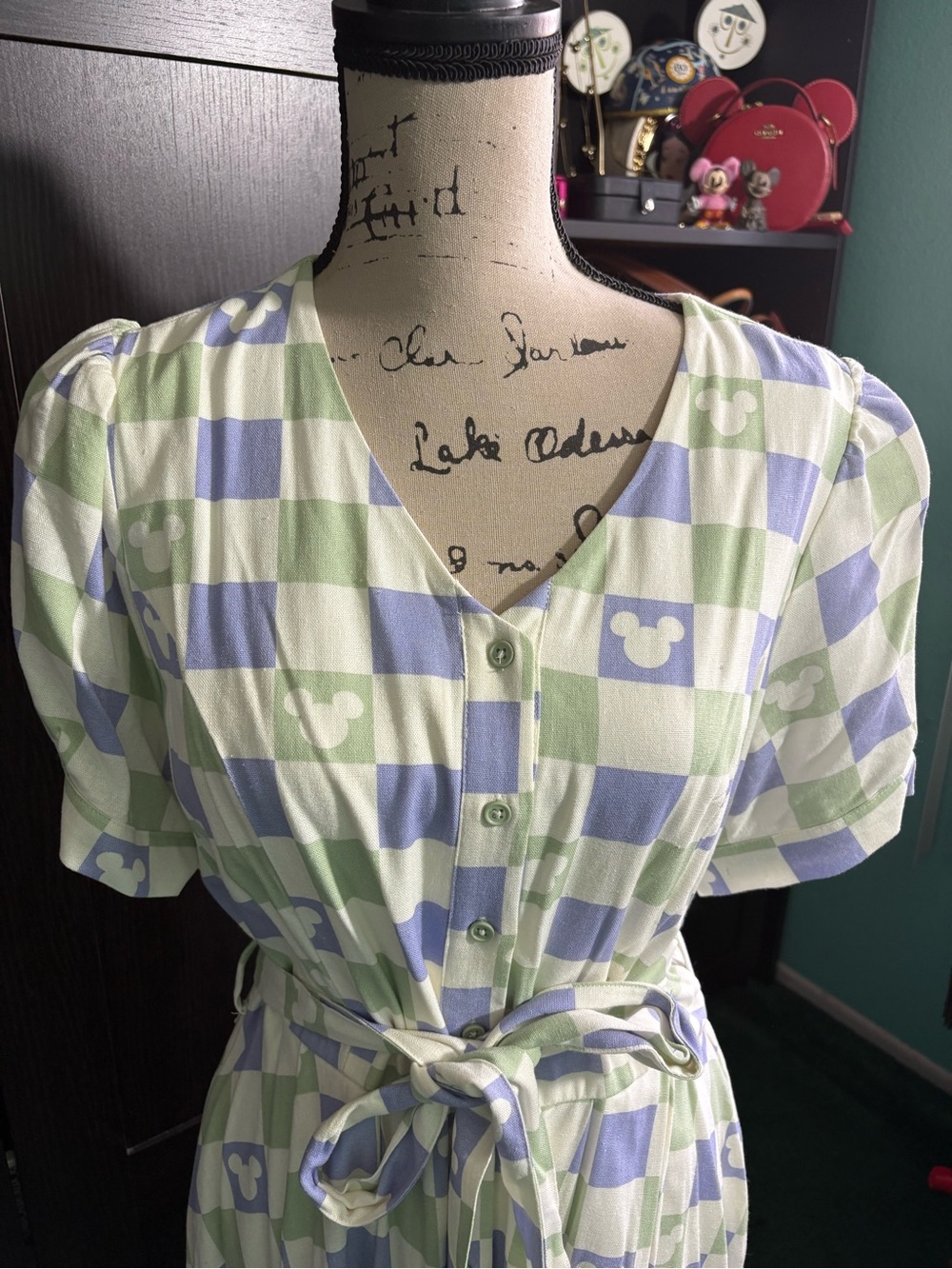 Her Universe Green and Lavender Gingham Tie-Waist Midi Dress - Picture 2 of 4